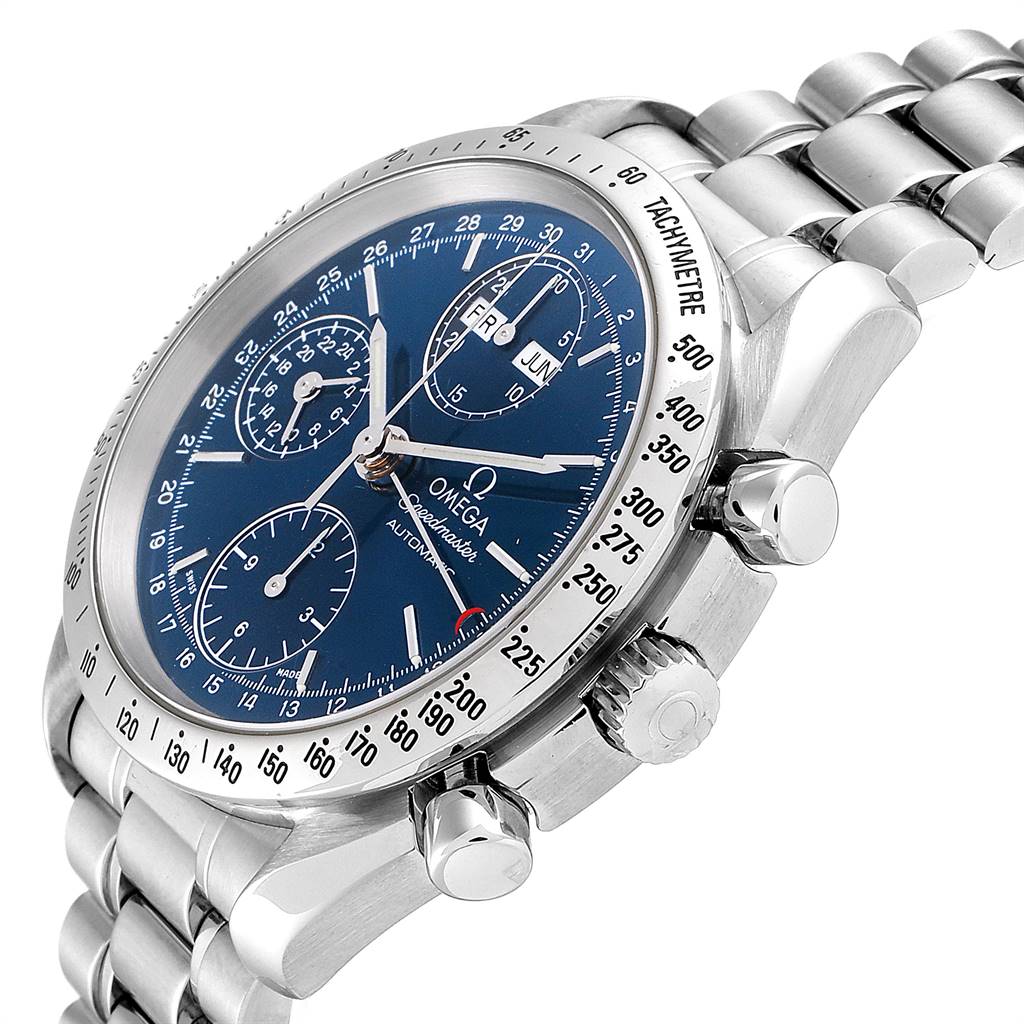 This image shows an Omega Speedmaster 3521.80.00 Men
s Stainless Steel Blue Dial 3521.80.00 Men
s Stainless Steel Blue Dial watch at a slight angle, highlighting the face, bezel, and part of the bracelet.