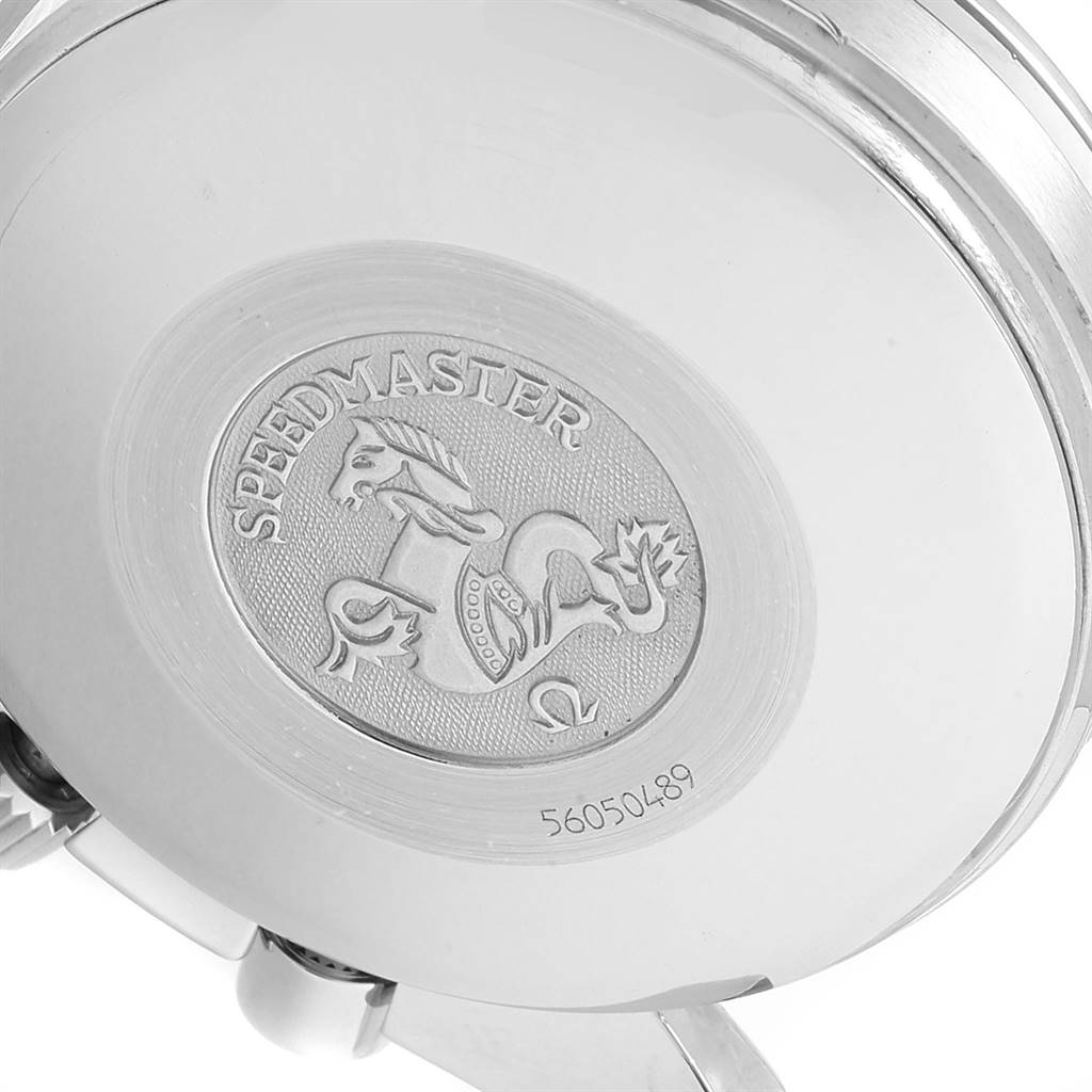 The image shows the back of an Omega Speedmaster 3521.80.00 Men
s Stainless Steel Blue Dial 3521.80.00 Men
s Stainless Steel Blue Dial watch, highlighting the engraved logo and serial number.