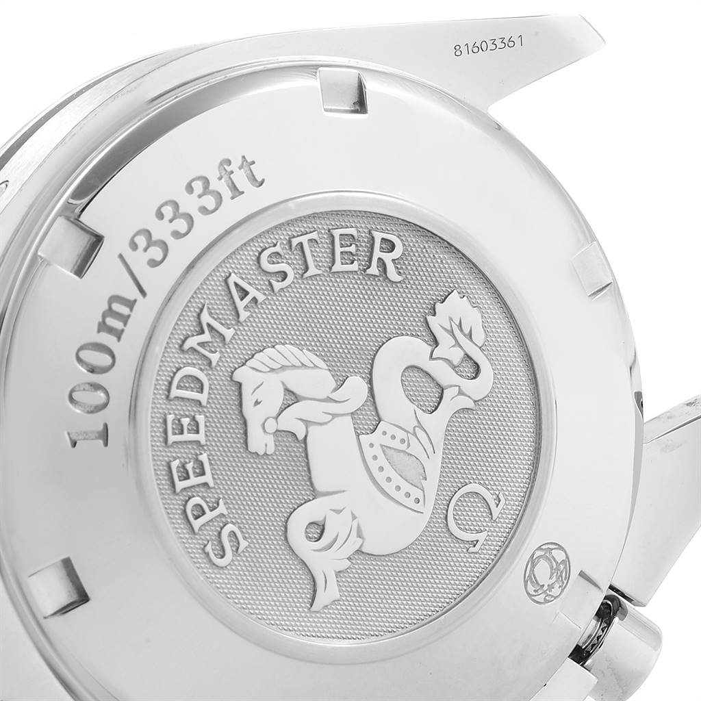 The image shows the case back of an Omega Speedmaster 3220.50.00 Men
s Stainless Steel Black Dial 3220.50.00 Men
s Stainless Steel Black Dial watch, highlighting the "Speedmaster" logo and water resistance rating.