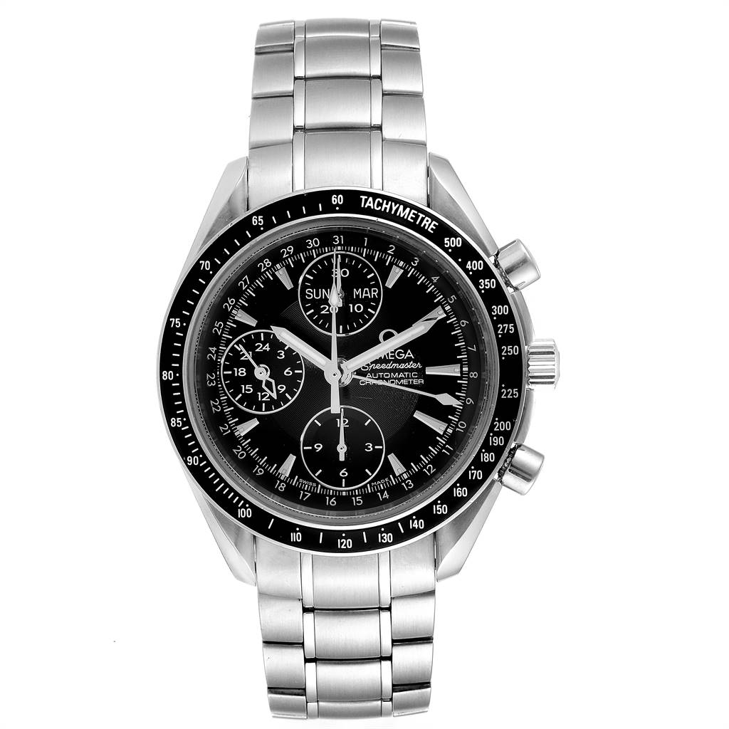 The image shows a frontal view of the Omega Speedmaster 3220.50.00 Men
s Stainless Steel Black Dial 3220.50.00 Men
s Stainless Steel Black Dial watch, highlighting the dial, bezel, and stainless steel bracelet.