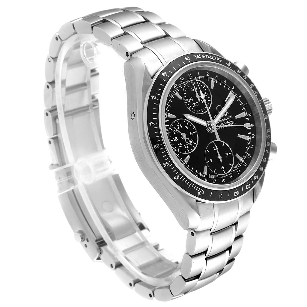 The Omega Speedmaster 3220.50.00 Men
s Stainless Steel Black Dial 3220.50.00 Men
s Stainless Steel Black Dial watch is shown at an angle highlighting the right side, face, bezel, and bracelet.