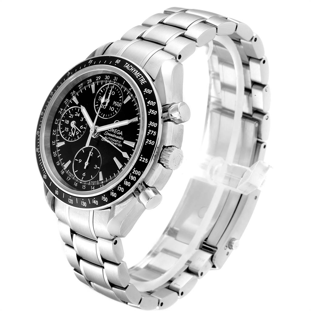 The Omega Speedmaster 3220.50.00 Men
s Stainless Steel Black Dial 3220.50.00 Men
s Stainless Steel Black Dial watch is shown at a three-quarter angle, highlighting the face, bezel, crown, and metal bracelet.