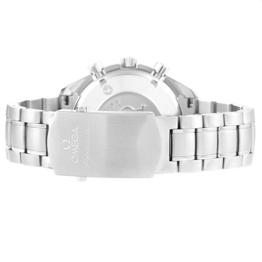 The image shows the back and bracelet clasp of an Omega Speedmaster 3220.50.00 Men
s Stainless Steel Black Dial 3220.50.00 Men
s Stainless Steel Black Dial watch.