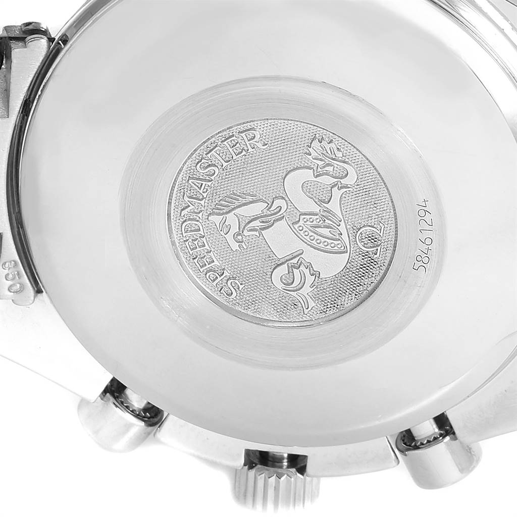 The image shows the engraved case back of an Omega Speedmaster 3523.30.00 Men
s Stainless Steel Silver Dial 3523.30.00 Men
s Stainless Steel Silver Dial watch, highlighting the Speedmaster logo and serial number.