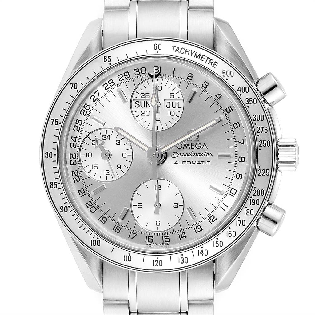 The image shows a front view of an Omega Speedmaster 3523.30.00 Men
s Stainless Steel Silver Dial 3523.30.00 Men
s Stainless Steel Silver Dial watch, detailing the dial, tachymeter, and chronograph sub-dials.