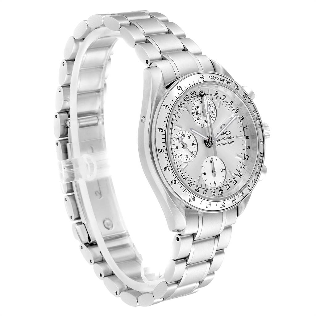 The Omega Speedmaster 3523.30.00 Men
s Stainless Steel Silver Dial 3523.30.00 Men
s Stainless Steel Silver Dial watch is shown at a three-quarter angle, highlighting the dial, bezel, and stainless steel bracelet.