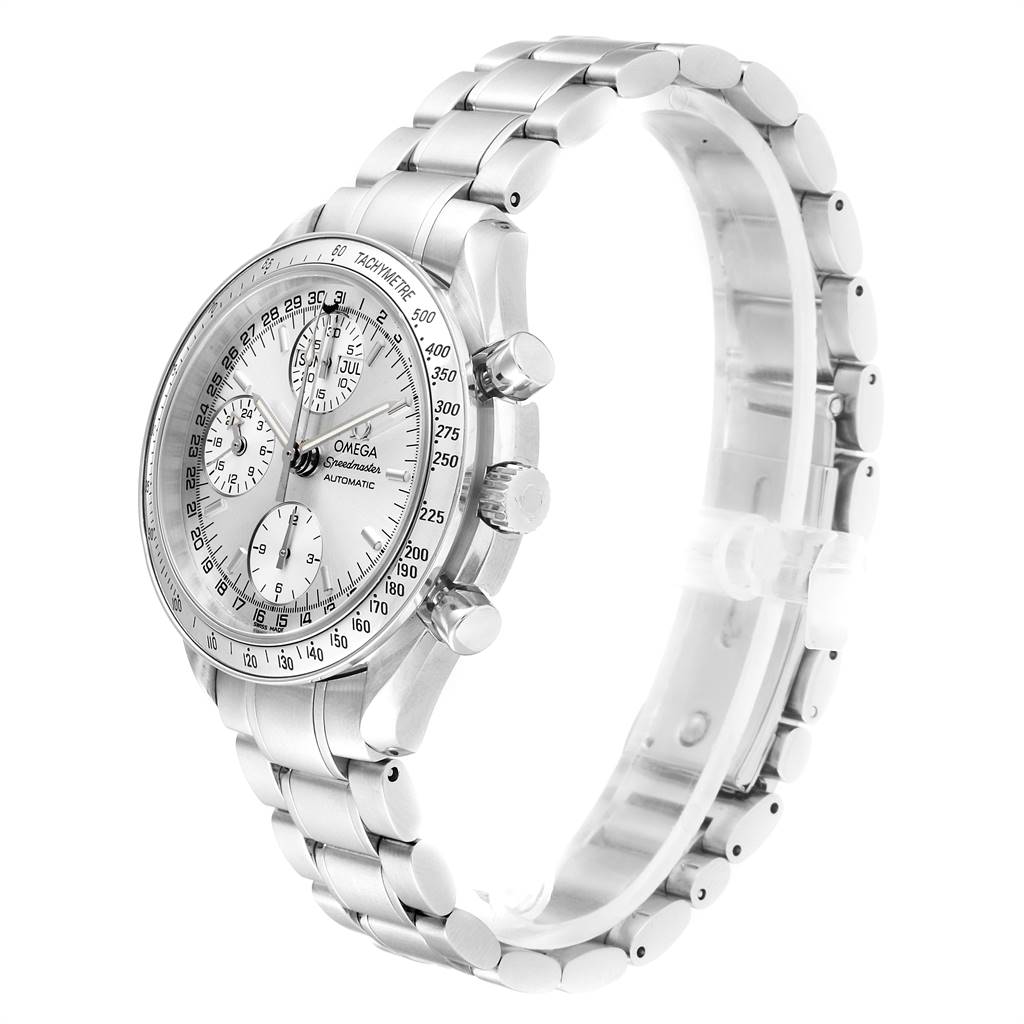 The image shows a side angle of the Omega Speedmaster 3523.30.00 Men
s Stainless Steel Silver Dial 3523.30.00 Men
s Stainless Steel Silver Dial watch, highlighting the bezel, dial, pushers, crown, and bracelet.