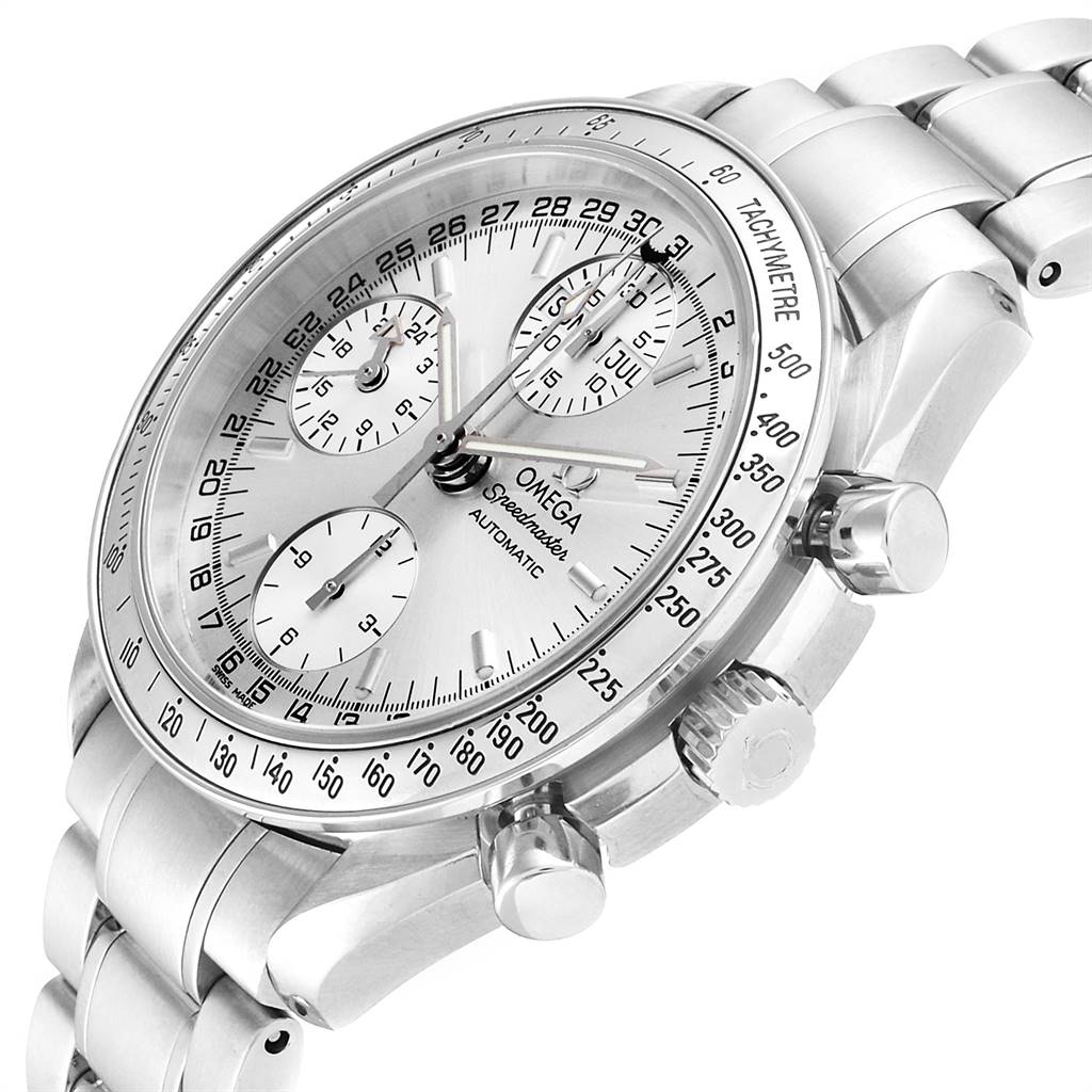 The image shows an Omega Speedmaster 3523.30.00 Men
s Stainless Steel Silver Dial 3523.30.00 Men
s Stainless Steel Silver Dial watch at an angle, highlighting its dial, tachymeter bezel, chronograph buttons, and bracelet.