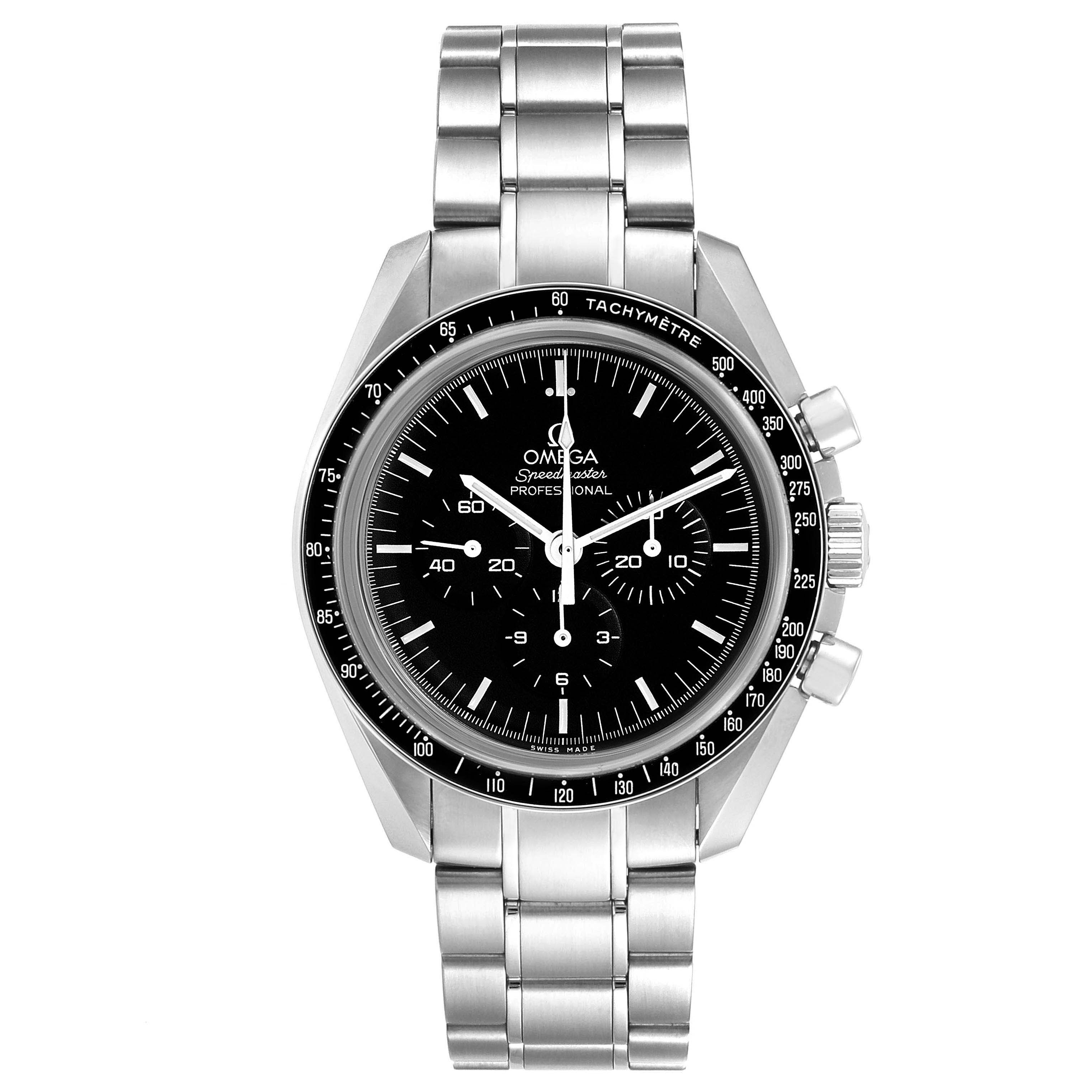The image shows a front view of the Omega Speedmaster 311.30.42.30.01.006 Men
s Stainless Steel Black Dial 311.30.42.30.01.006 Men
s Stainless Steel Black Dial watch, displaying its black dial, three subdials, and stainless steel bracelet.