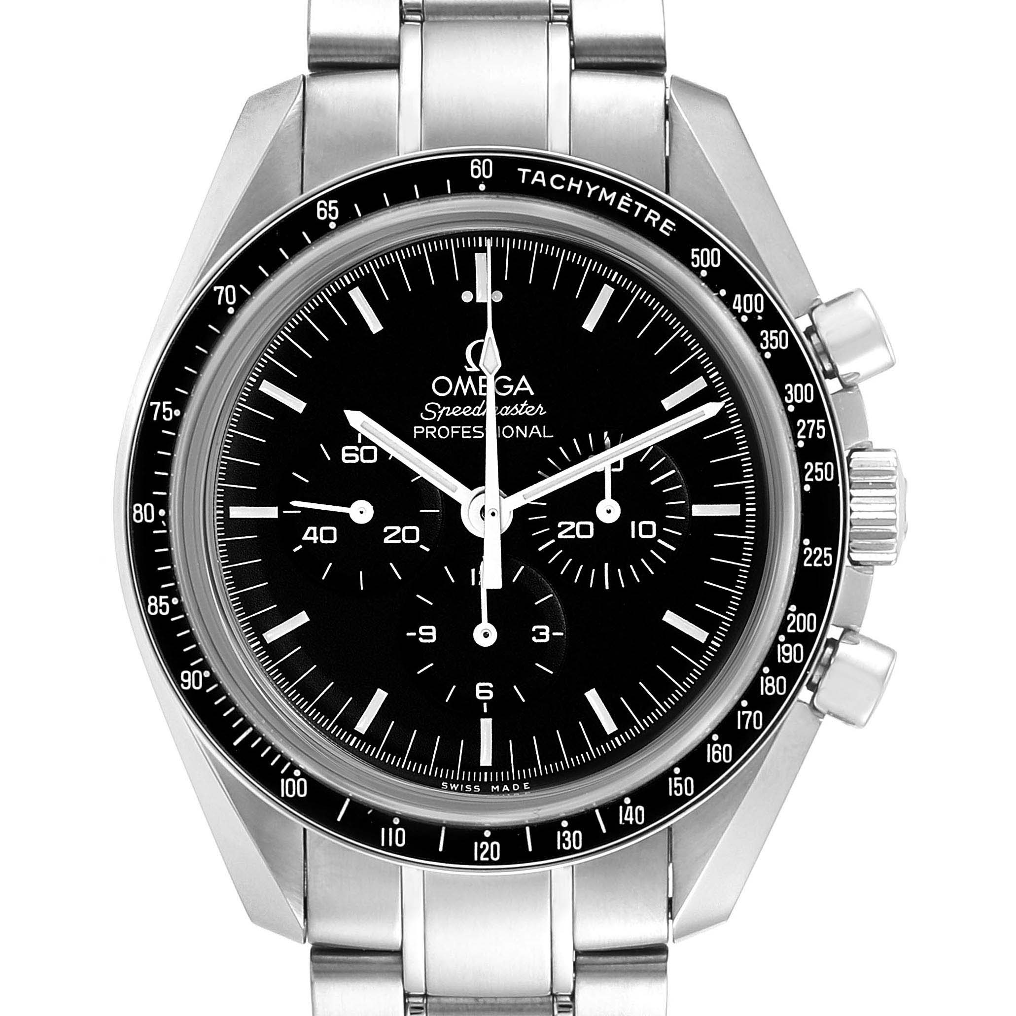 The image shows a front view of the Omega Speedmaster 311.30.42.30.01.006 Men
s Stainless Steel Black Dial 311.30.42.30.01.006 Men
s Stainless Steel Black Dial Professional watch, displaying its dial, bezel, and stainless steel bracelet.