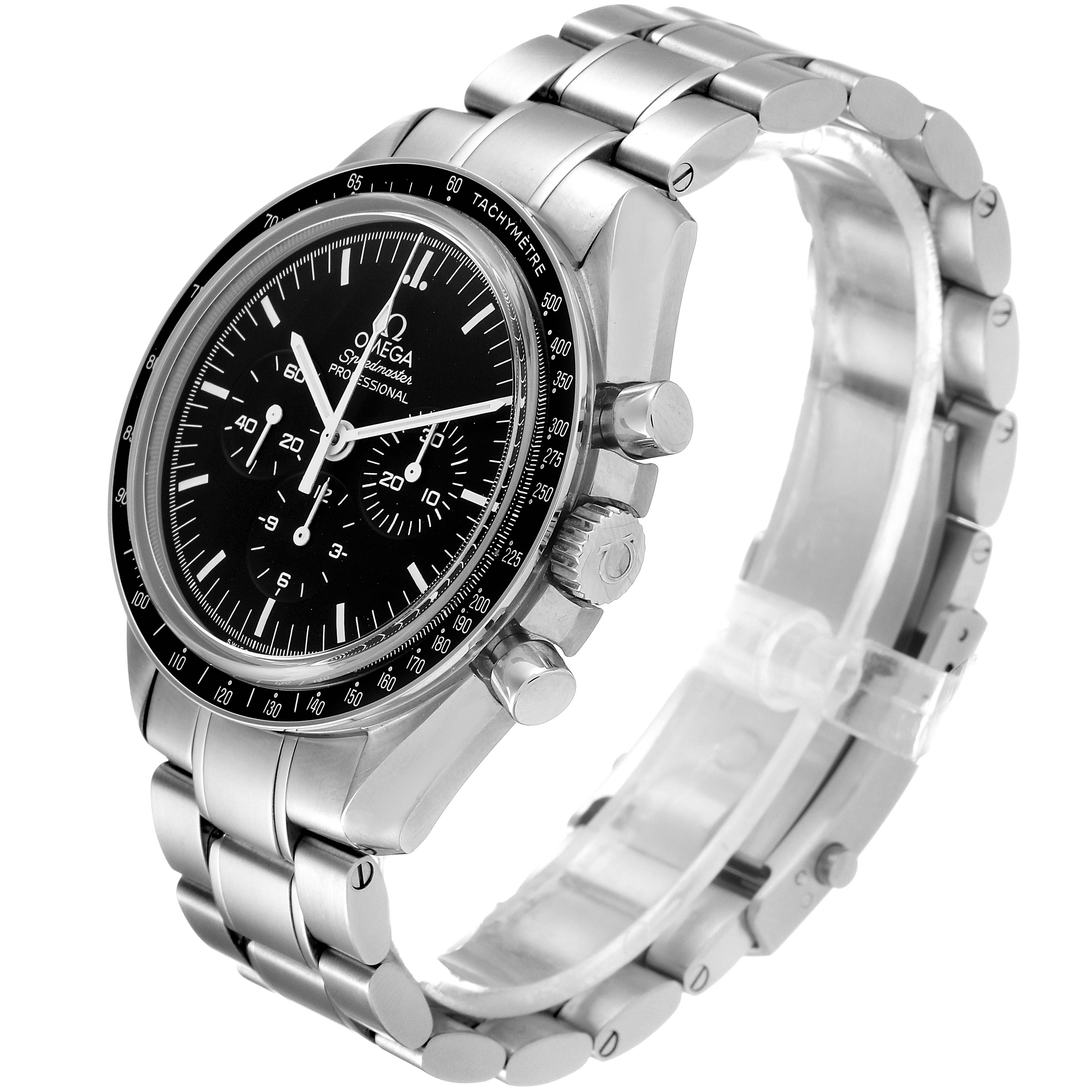 The Omega Speedmaster 311.30.42.30.01.006 Men
s Stainless Steel Black Dial 311.30.42.30.01.006 Men
s Stainless Steel Black Dial watch is shown from an angle highlighting the face, crown, pushers, and metal bracelet.