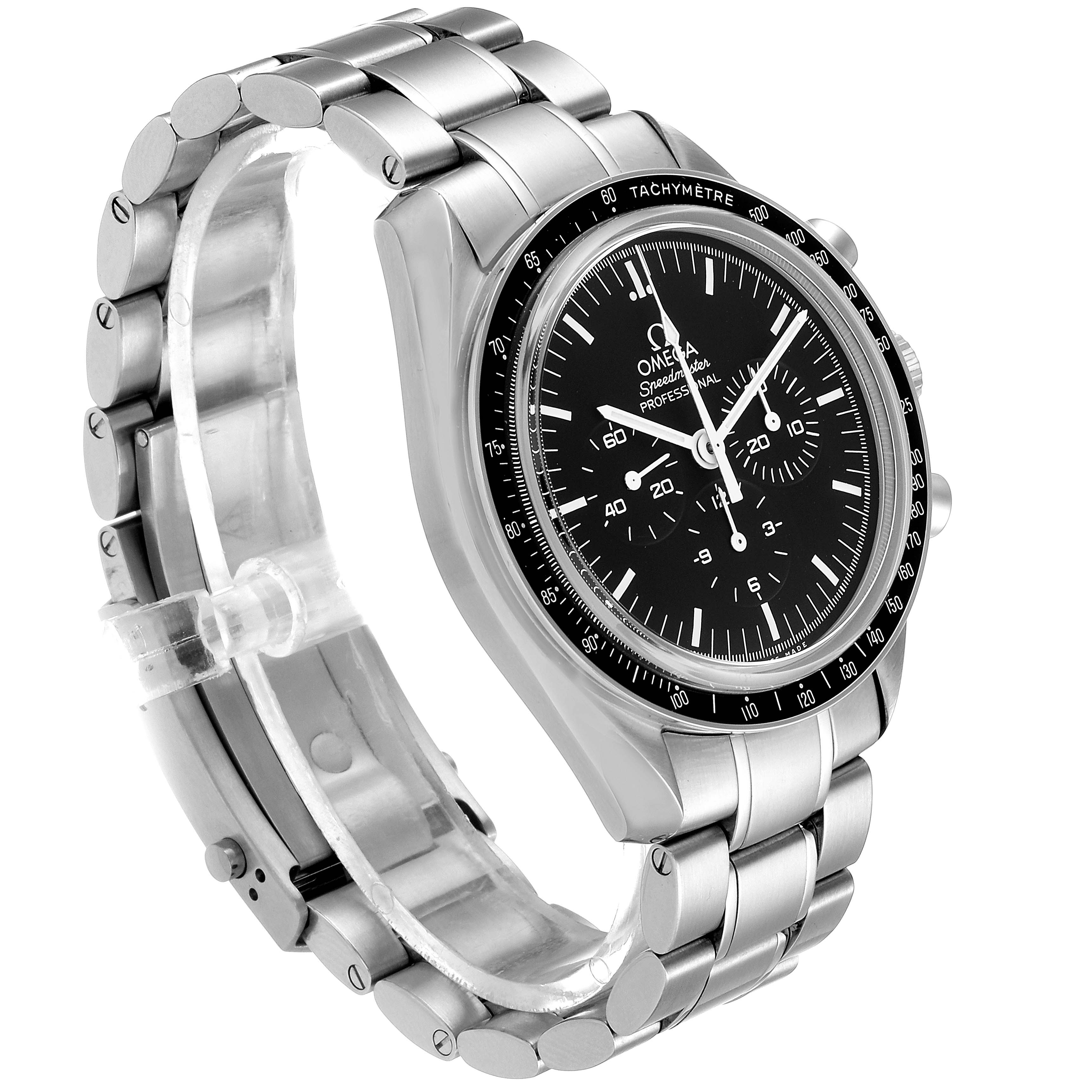 The Omega Speedmaster 311.30.42.30.01.006 Men
s Stainless Steel Black Dial 311.30.42.30.01.006 Men
s Stainless Steel Black Dial watch is shown from an angled front view highlighting its face, bracelet, and tachymeter bezel.