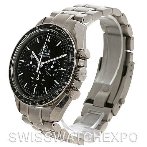 The Omega Speedmaster SPEEDMASTER PROFESSIONAL Men
s Stainless Steel Black Dial SPEEDMASTER PROFESSIONAL Men
s Stainless Steel Black Dial watch is shown at a slight left-side angle, displaying the bracelet, case, bezel, and dial with chronograph subdials.