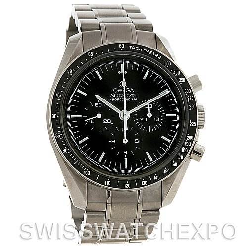 The Omega Speedmaster SPEEDMASTER PROFESSIONAL Men
s Stainless Steel Black Dial SPEEDMASTER PROFESSIONAL Men
s Stainless Steel Black Dial watch is shown from a front angle, displaying its dial, bezel, and bracelet.