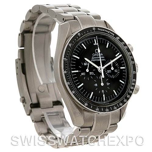 The image shows an Omega Speedmaster SPEEDMASTER PROFESSIONAL Men
s Stainless Steel Black Dial SPEEDMASTER PROFESSIONAL Men
s Stainless Steel Black Dial watch at a side angle, revealing the face, bezel, and partially opened stainless steel bracelet.