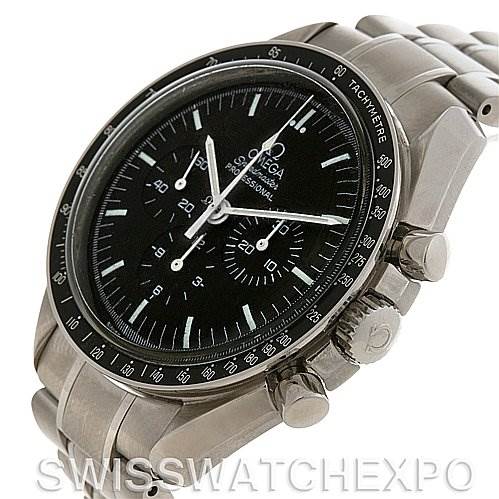 The image shows an Omega Speedmaster SPEEDMASTER PROFESSIONAL Men
s Stainless Steel Black Dial SPEEDMASTER PROFESSIONAL Men
s Stainless Steel Black Dial watch at a slight angle, displaying the face, bezel, chronograph buttons, and part of the bracelet.