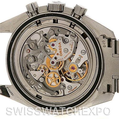 This image shows the Omega Speedmaster SPEEDMASTER PROFESSIONAL Men
s Stainless Steel Black Dial SPEEDMASTER PROFESSIONAL Men
s Stainless Steel Black Dial
s open case back, showcasing its intricate movement and internal gears.