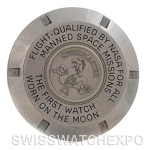 This image shows the backside of an Omega Speedmaster SPEEDMASTER PROFESSIONAL Men
s Stainless Steel Black Dial SPEEDMASTER PROFESSIONAL Men
s Stainless Steel Black Dial watch case with NASA certification and moon mission engraving.