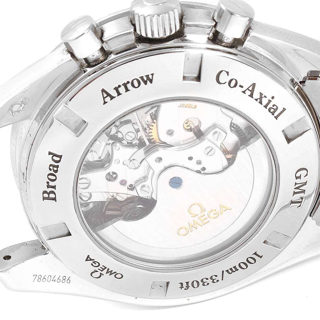 The image shows the back view of the Omega Speedmaster 3581.30.00 Men's Stainless Steel White Dial 3581.30.00 Men's Stainless Steel White Dial watch revealing its internal mechanics through the transparent case back.