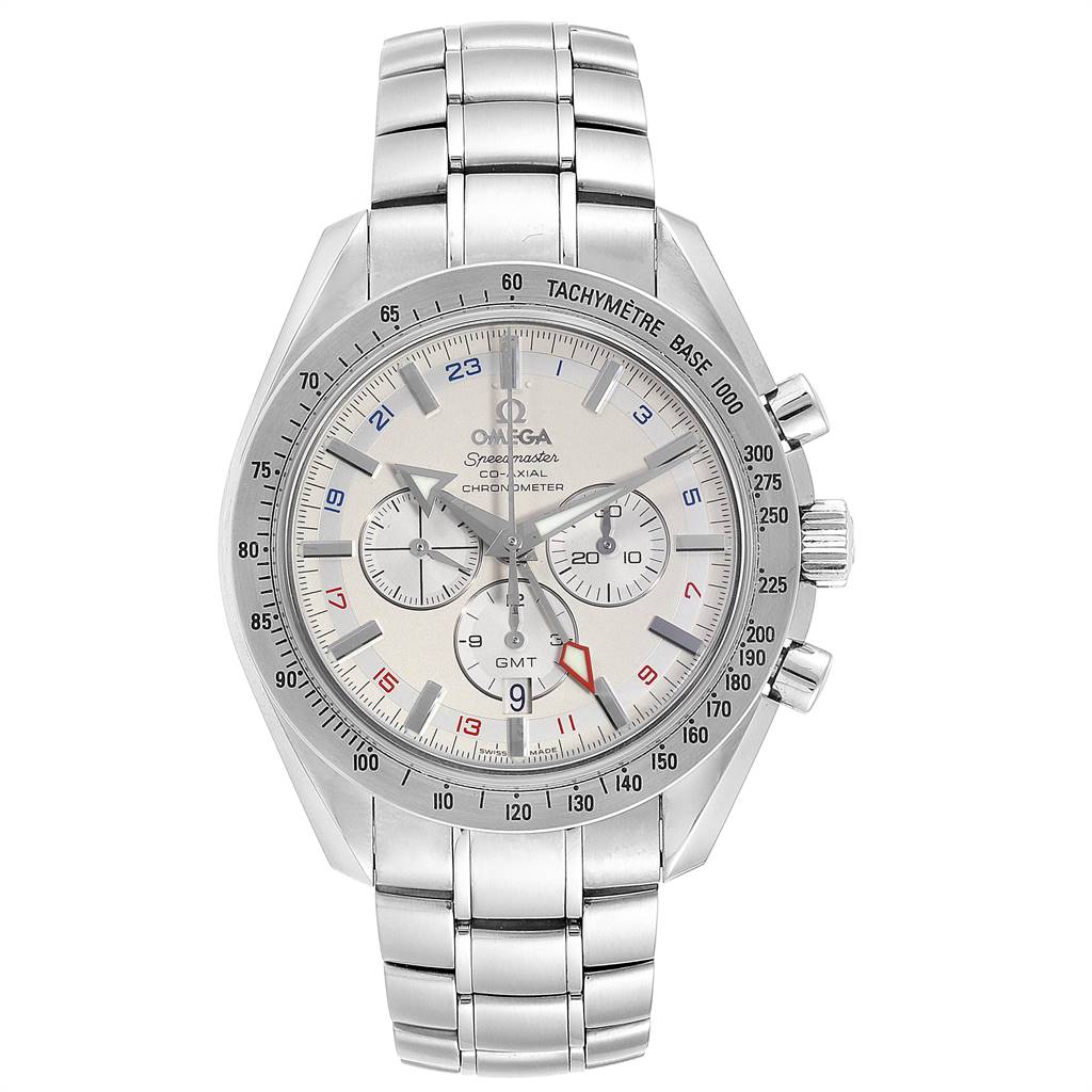 This image shows a frontal view of the Omega Speedmaster 3581.30.00 Men's Stainless Steel White Dial 3581.30.00 Men's Stainless Steel White Dial watch, detailing the face, bezel, pushers, and metal bracelet.
