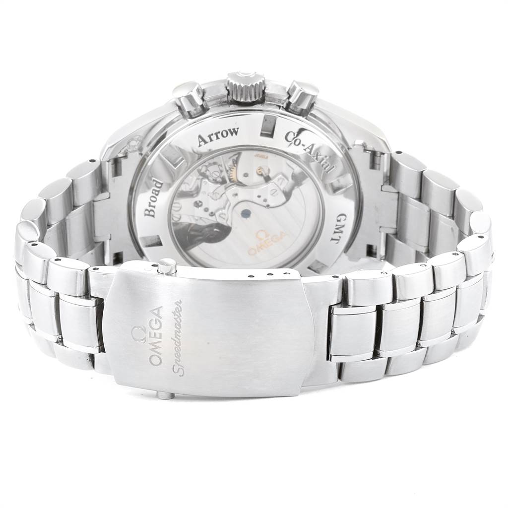 The image shows the back view of an Omega Speedmaster 3581.30.00 Men's Stainless Steel White Dial 3581.30.00 Men's Stainless Steel White Dial, highlighting its bracelet and transparent case back with visible movement.