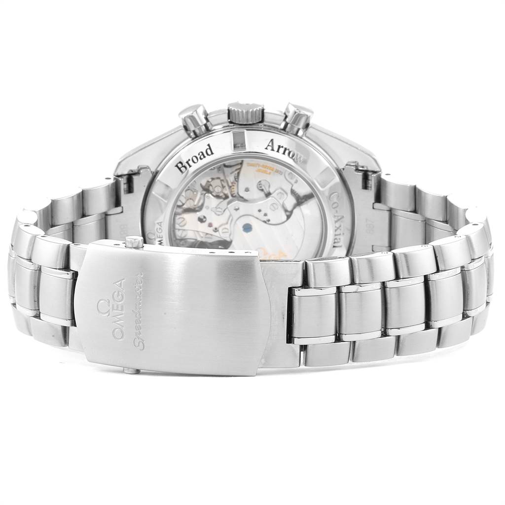 The image shows the back view of an Omega Speedmaster 321.10.42.50.02.001 Men's Stainless Steel Silver Dial 321.10.42.50.02.001 Men's Stainless Steel Silver Dial watch, highlighting its metal bracelet and transparent case back.