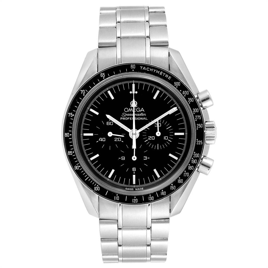 The image shows a front view of the Omega Speedmaster 3570.50.00 Men
s Stainless Steel Black Dial 3570.50.00 Men
s Stainless Steel Black Dial watch, displaying the face, bezel, buttons, and metal bracelet.