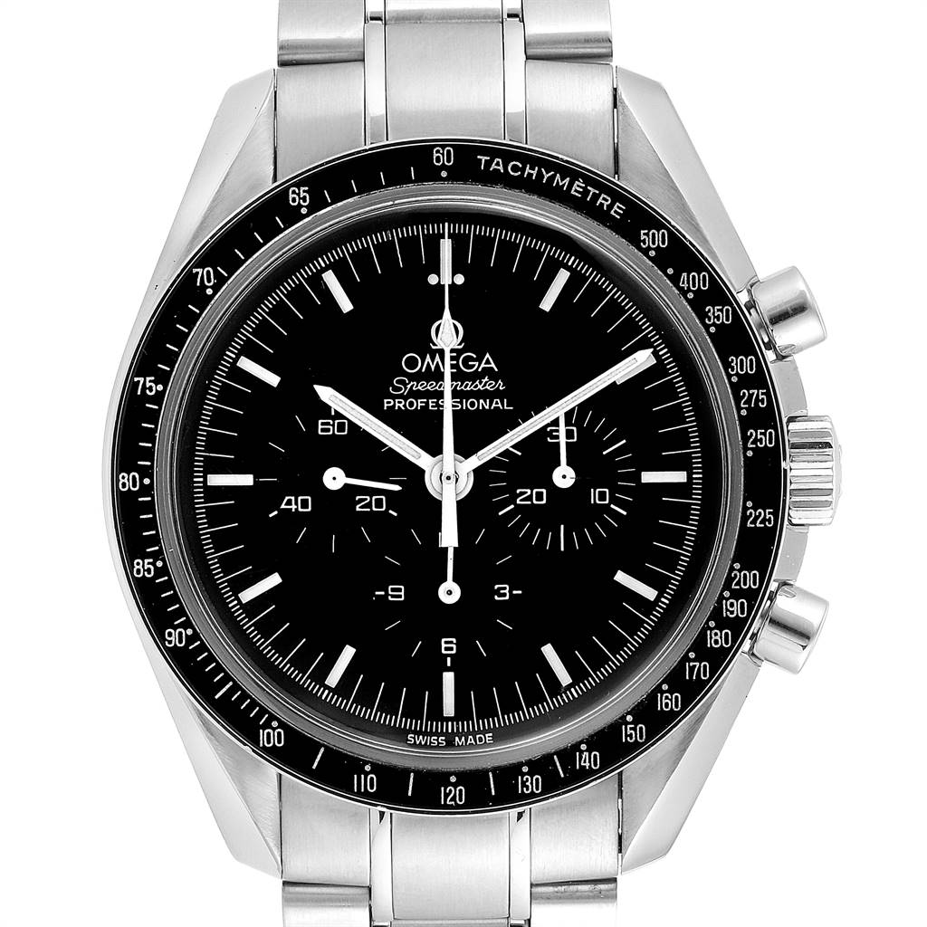 The Omega Speedmaster 3570.50.00 Men
s Stainless Steel Black Dial 3570.50.00 Men
s Stainless Steel Black Dial watch is shown front-facing, displaying the dial, bezel, and part of the stainless steel bracelet.