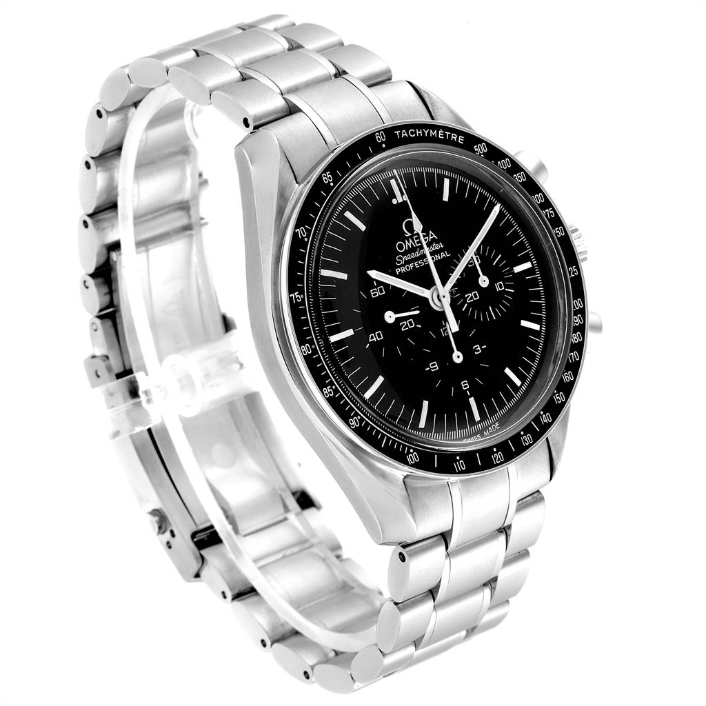 This image shows an angled view of the Omega Speedmaster 3570.50.00 Men
s Stainless Steel Black Dial 3570.50.00 Men
s Stainless Steel Black Dial watch, displaying its face, bezel, and metal bracelet.
