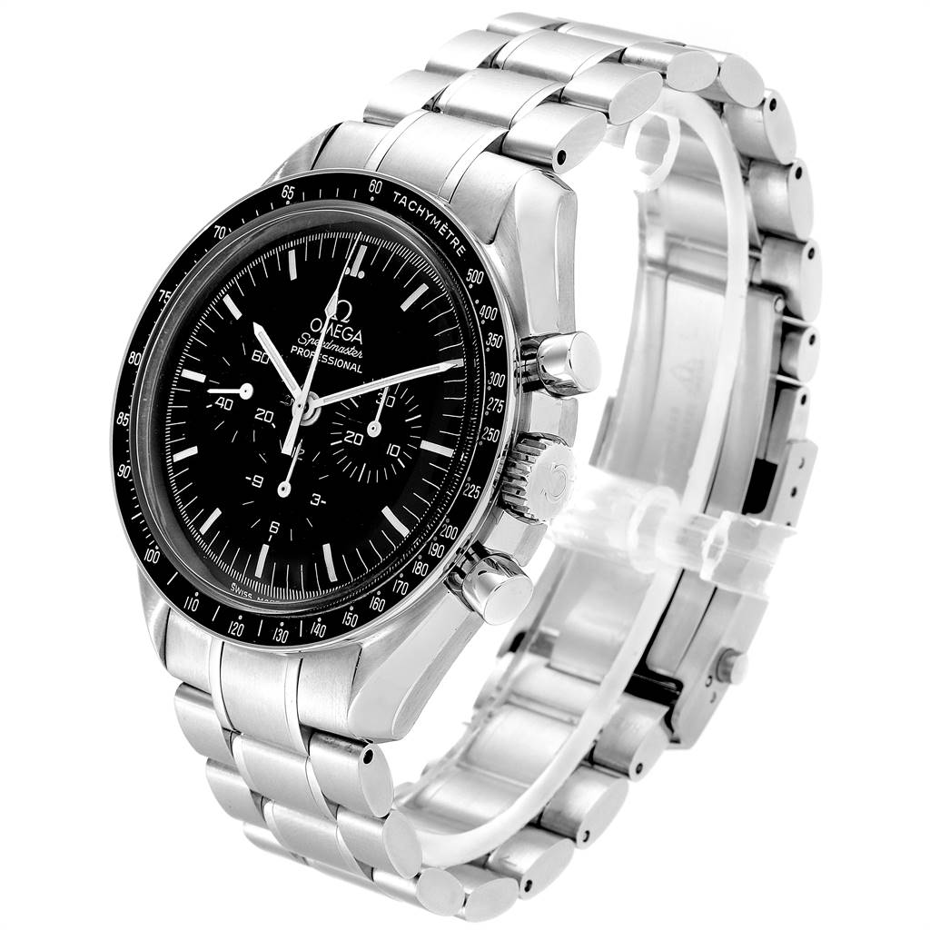 The Omega Speedmaster 3570.50.00 Men
s Stainless Steel Black Dial 3570.50.00 Men
s Stainless Steel Black Dial watch is shown at a front three-quarter angle, highlighting its stainless steel bracelet and black dial.