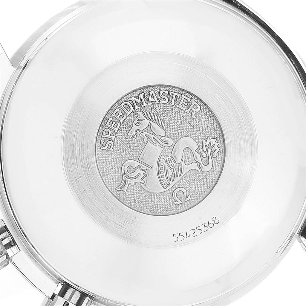 The image shows the case back of an Omega Speedmaster 3513.33.00 Men
s Stainless Steel White Dial 3513.33.00 Men
s Stainless Steel White Dial watch, featuring its emblem and model number.