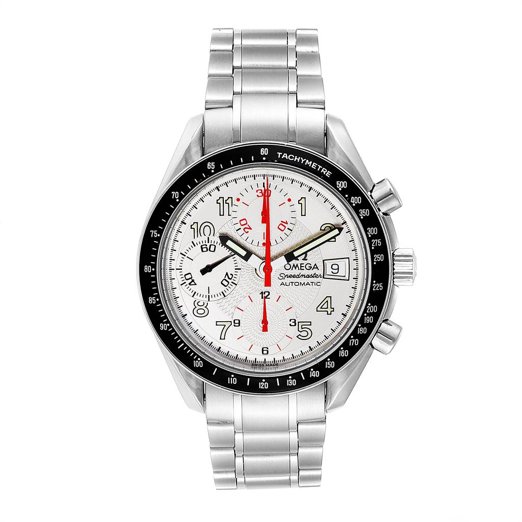 The image shows a front view of the Omega Speedmaster 3513.33.00 Men
s Stainless Steel White Dial 3513.33.00 Men
s Stainless Steel White Dial watch, displaying its face, bezel, and stainless steel bracelet.