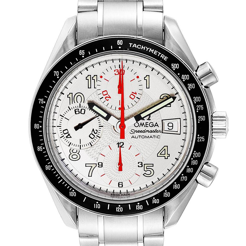 The image shows a front view of the Omega Speedmaster 3513.33.00 Men
s Stainless Steel White Dial 3513.33.00 Men
s Stainless Steel White Dial watch, highlighting its dial, tachymeter bezel, and stainless steel bracelet.
