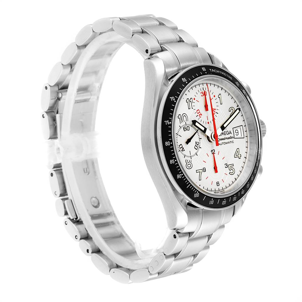 The Omega Speedmaster 3513.33.00 Men
s Stainless Steel White Dial 3513.33.00 Men
s Stainless Steel White Dial watch is shown at a three-quarter angle, highlighting its bracelet, side profile, and dial with subdials and tachymeter.