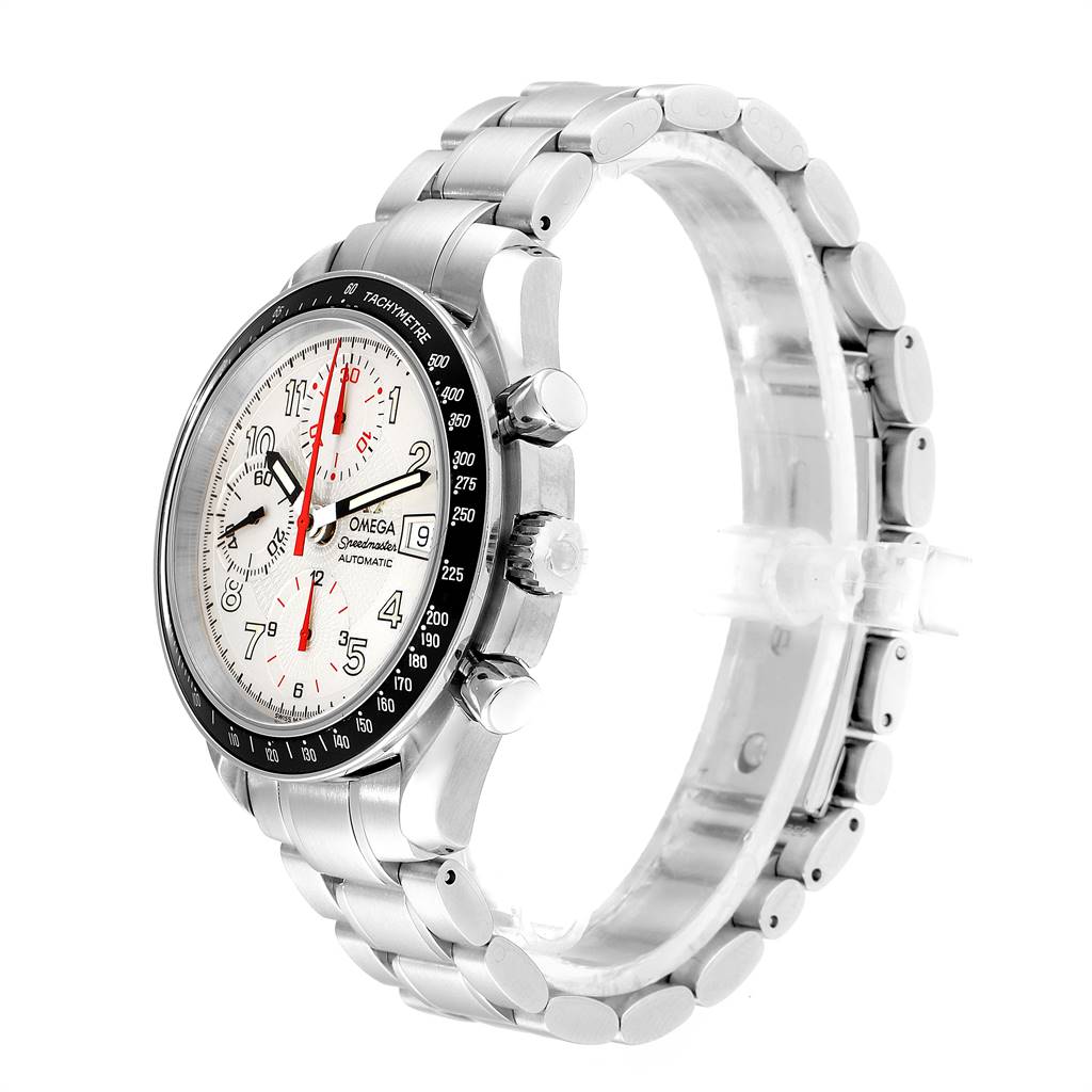 This Omega Speedmaster 3513.33.00 Men
s Stainless Steel White Dial 3513.33.00 Men
s Stainless Steel White Dial watch is shown from a left side angle, highlighting the bezel, dial, crown, and bracelet.