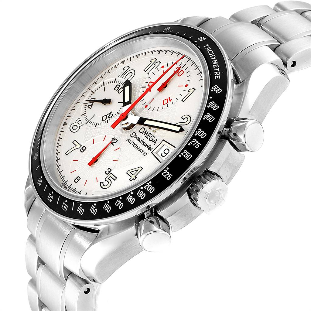 The Omega Speedmaster 3513.33.00 Men
s Stainless Steel White Dial 3513.33.00 Men
s Stainless Steel White Dial watch is shown at an angled close-up, displaying its face, bezel, crown, pushers, and bracelet.