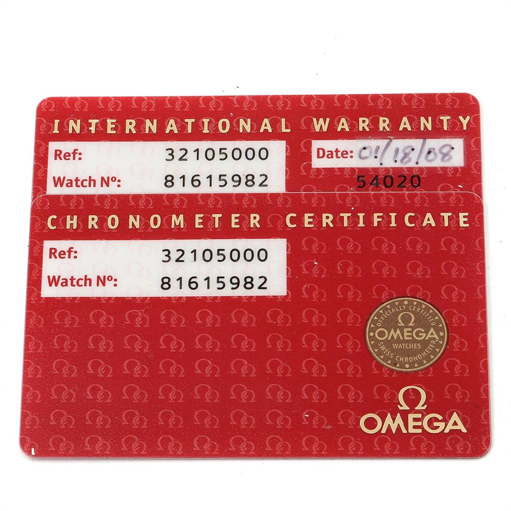 The image shows the International Warranty and Chronometer Certificate cards for the Omega Speedmaster 3210.50.00 Men
s Stainless Steel Black Dial 3210.50.00 Men
s Stainless Steel Black Dial watch, viewed from the front.