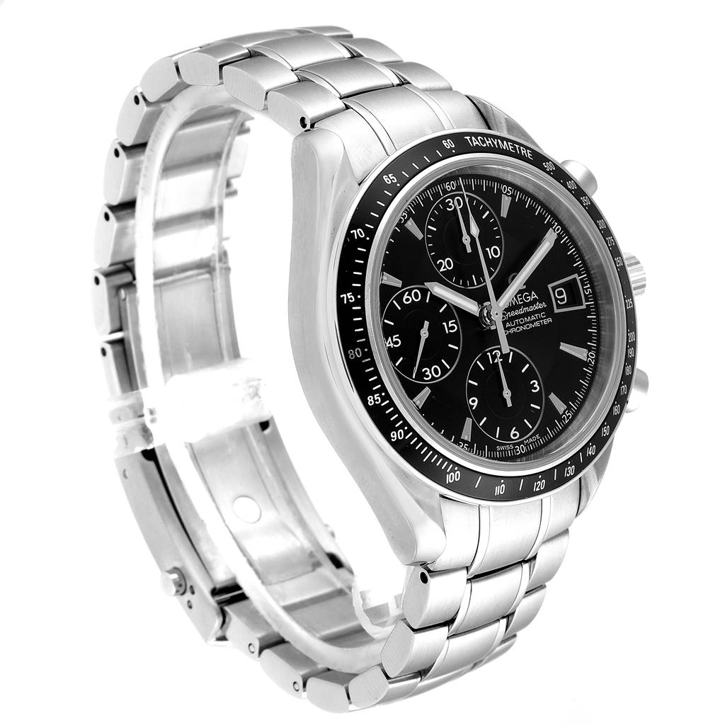 The Omega Speedmaster 3210.50.00 Men
s Stainless Steel Black Dial 3210.50.00 Men
s Stainless Steel Black Dial watch is shown from a three-quarter angle, highlighting its dial, bezel, and metal bracelet.