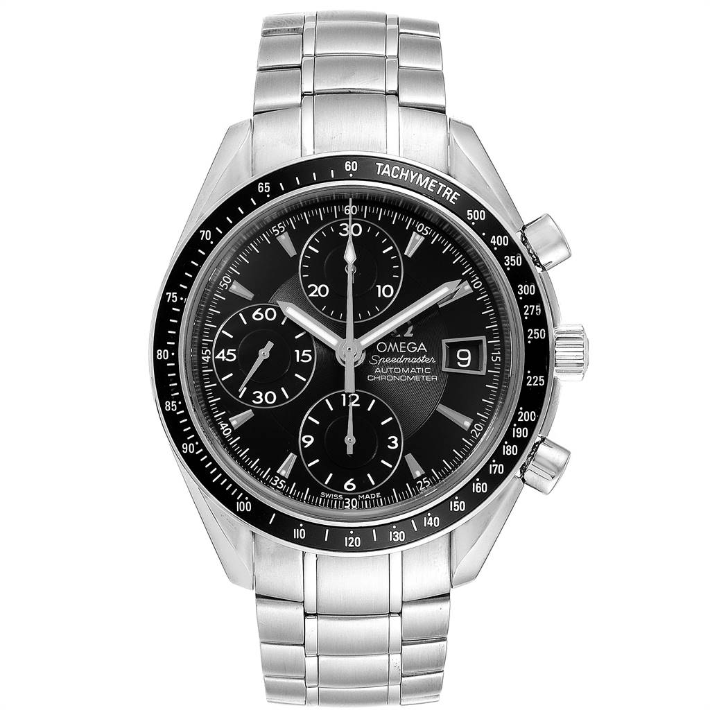 The image shows a front view of the Omega Speedmaster 3210.50.00 Men
s Stainless Steel Black Dial 3210.50.00 Men
s Stainless Steel Black Dial watch, displaying its face, bezel, buttons, and metal bracelet.