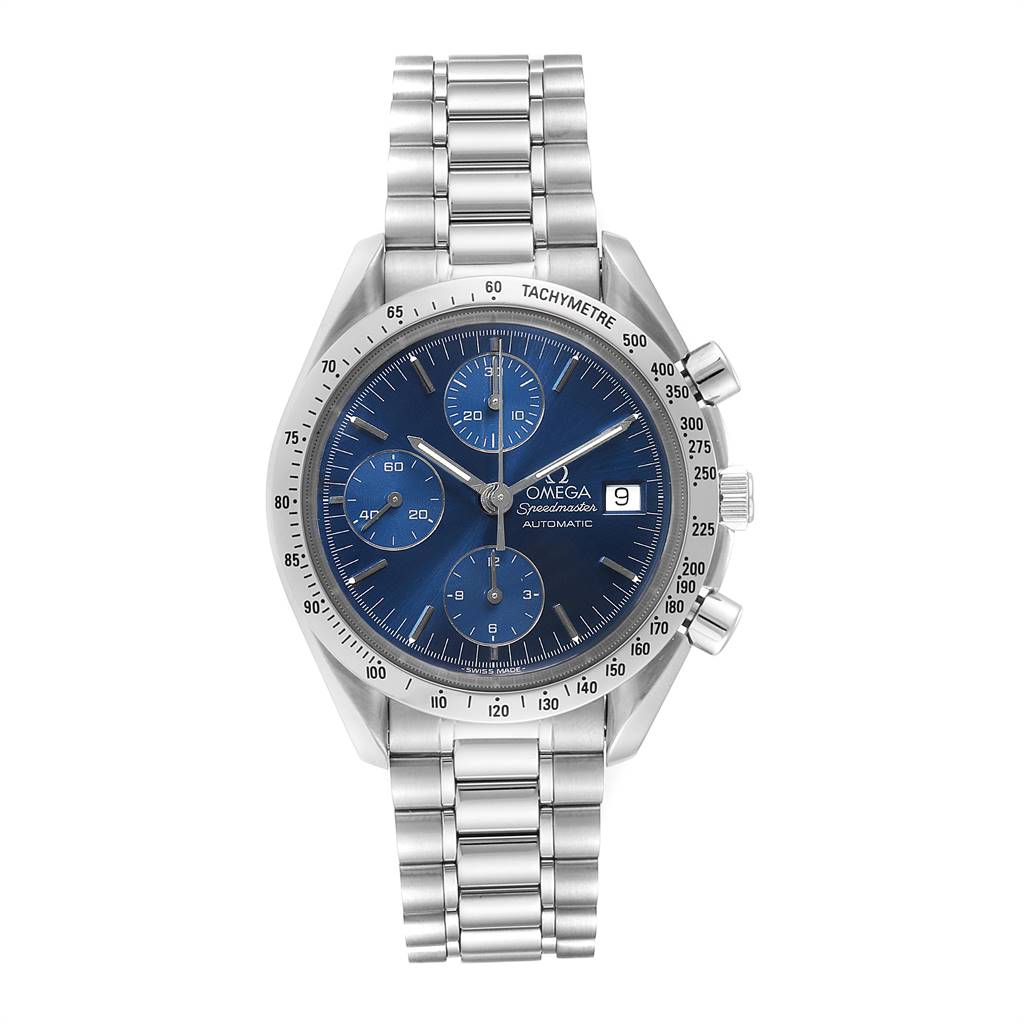 The Omega Speedmaster 3511.80.00 Men
s Stainless Steel Blue Dial 3511.80.00 Men
s Stainless Steel Blue Dial watch is shown from a front view, displaying its face, bezel, chronograph subdials, date window, and bracelet.
