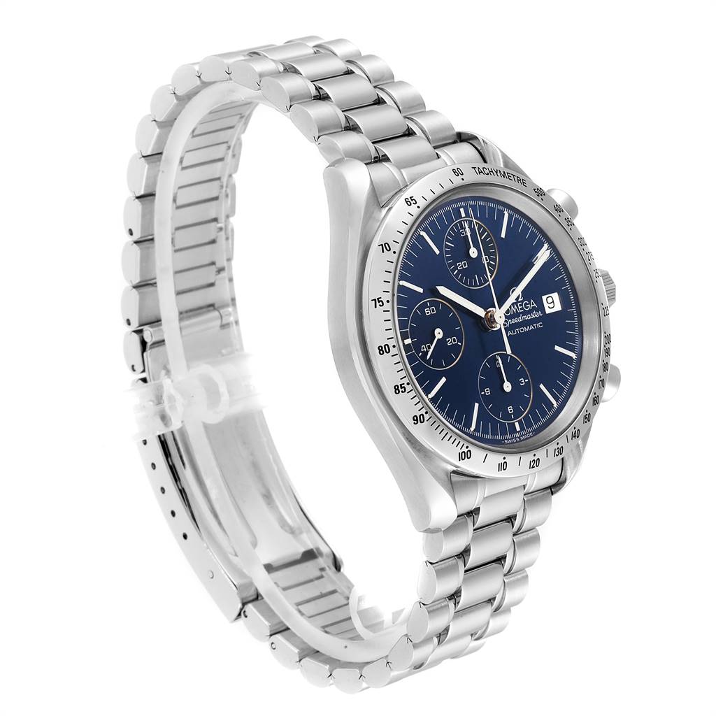 The image shows an angled view of the Omega Speedmaster 3511.80.00 Men
s Stainless Steel Blue Dial 3511.80.00 Men
s Stainless Steel Blue Dial watch, highlighting the face, bezel, and bracelet.