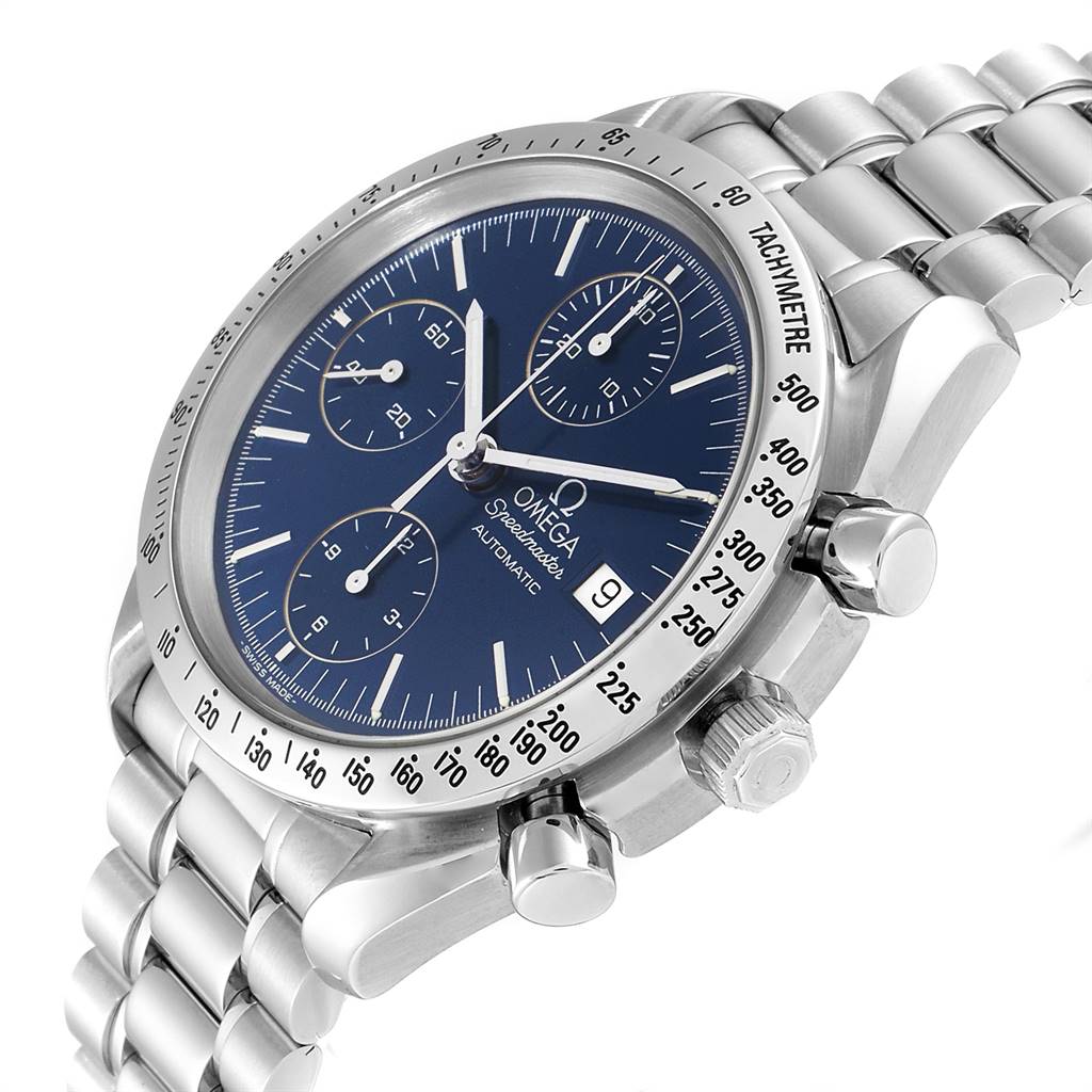 The image shows an angled view of the Omega Speedmaster 3511.80.00 Men
s Stainless Steel Blue Dial 3511.80.00 Men
s Stainless Steel Blue Dial watch, depicting the face, chronograph dials, bezel, and crown.