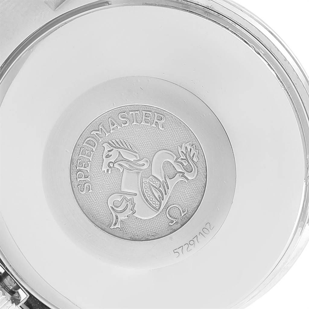 This image shows the back case of an Omega Speedmaster 3513.60.00 Men's Stainless Steel Pink Dial 3513.60.00 Men's Stainless Steel Pink Dial watch, featuring an embossed logo and serial number.