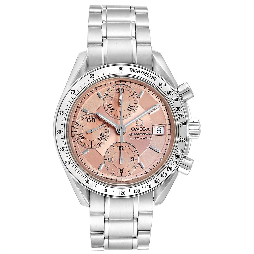 This image shows a front angle of the Omega Speedmaster 3513.60.00 Men's Stainless Steel Pink Dial 3513.60.00 Men's Stainless Steel Pink Dial watch featuring its face, tachymeter bezel, pushers, and metal bracelet.