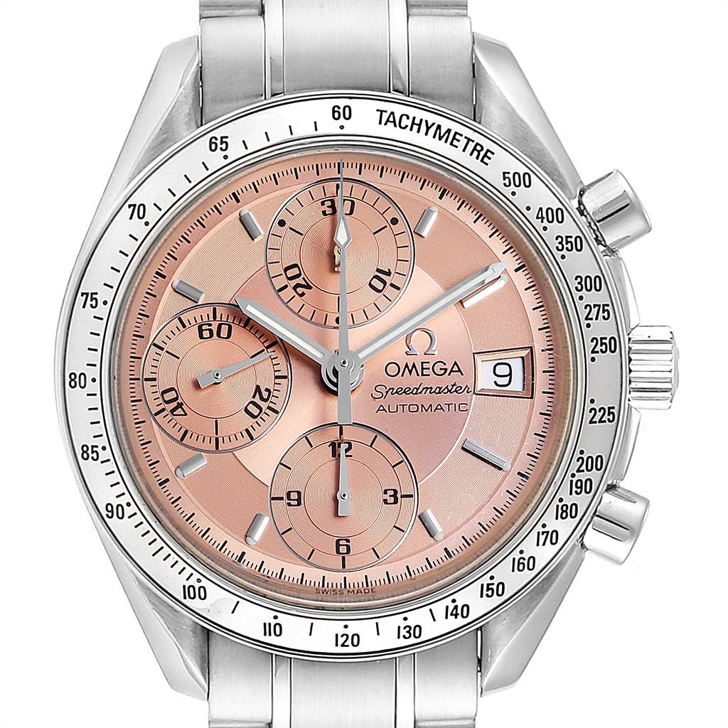 This image shows the Omega Speedmaster 3513.60.00 Men's Stainless Steel Pink Dial 3513.60.00 Men's Stainless Steel Pink Dial watch from a front angle, highlighting its dial, subdials, date window, and chronograph buttons.