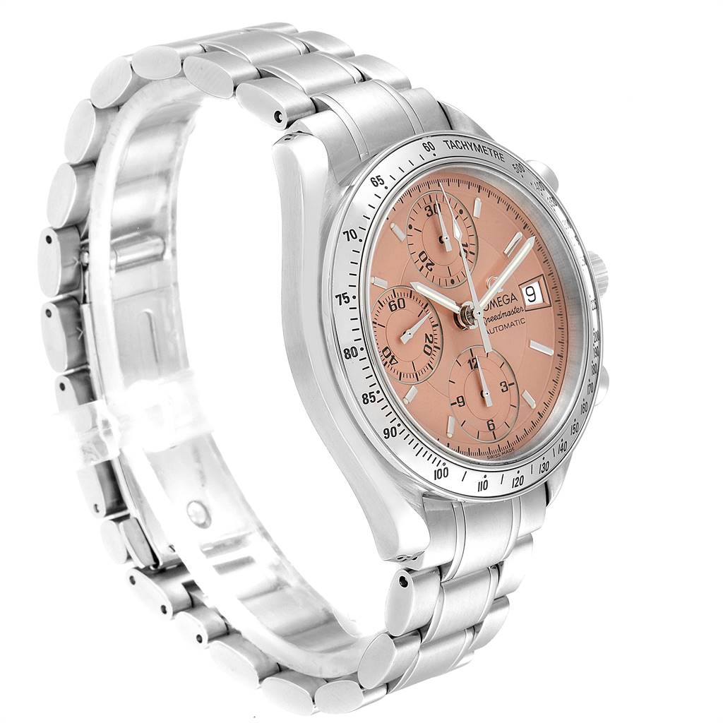 The image shows an Omega Speedmaster 3513.60.00 Men's Stainless Steel Pink Dial 3513.60.00 Men's Stainless Steel Pink Dial watch angled to display the face, bezel, crown, pushers, and part of the bracelet.