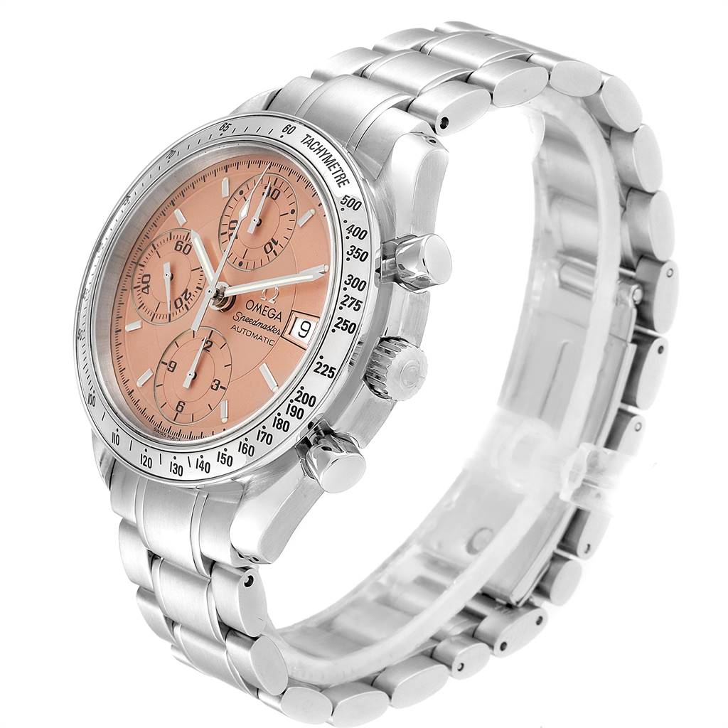 The image shows an Omega Speedmaster 3513.60.00 Men's Stainless Steel Pink Dial 3513.60.00 Men's Stainless Steel Pink Dial watch at a side angle, highlighting its face, bezel, crown, and stainless steel bracelet.