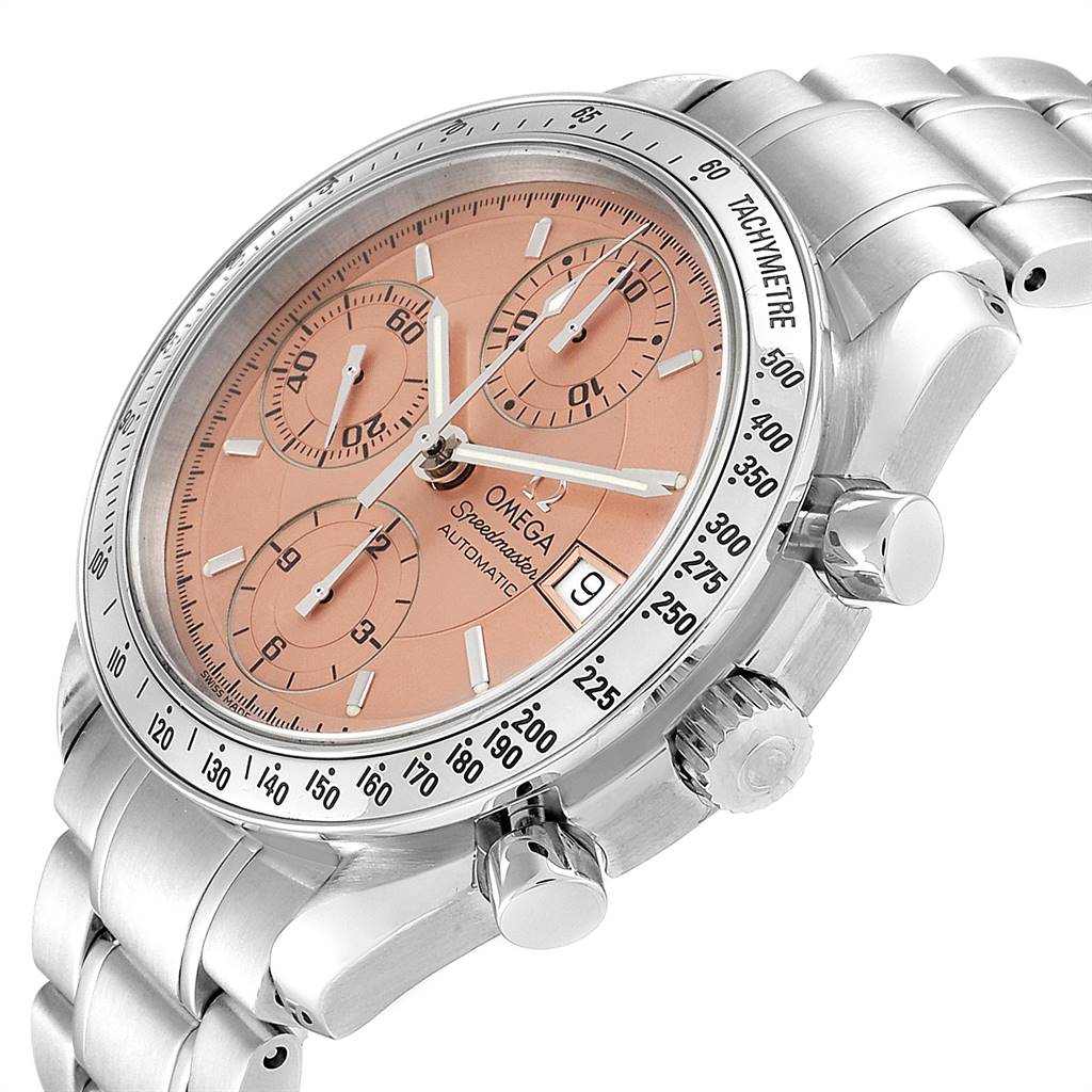 This image shows an angled view of the Omega Speedmaster 3513.60.00 Men's Stainless Steel Pink Dial 3513.60.00 Men's Stainless Steel Pink Dial watch, highlighting the dial, tachymeter bezel, and metal bracelet.