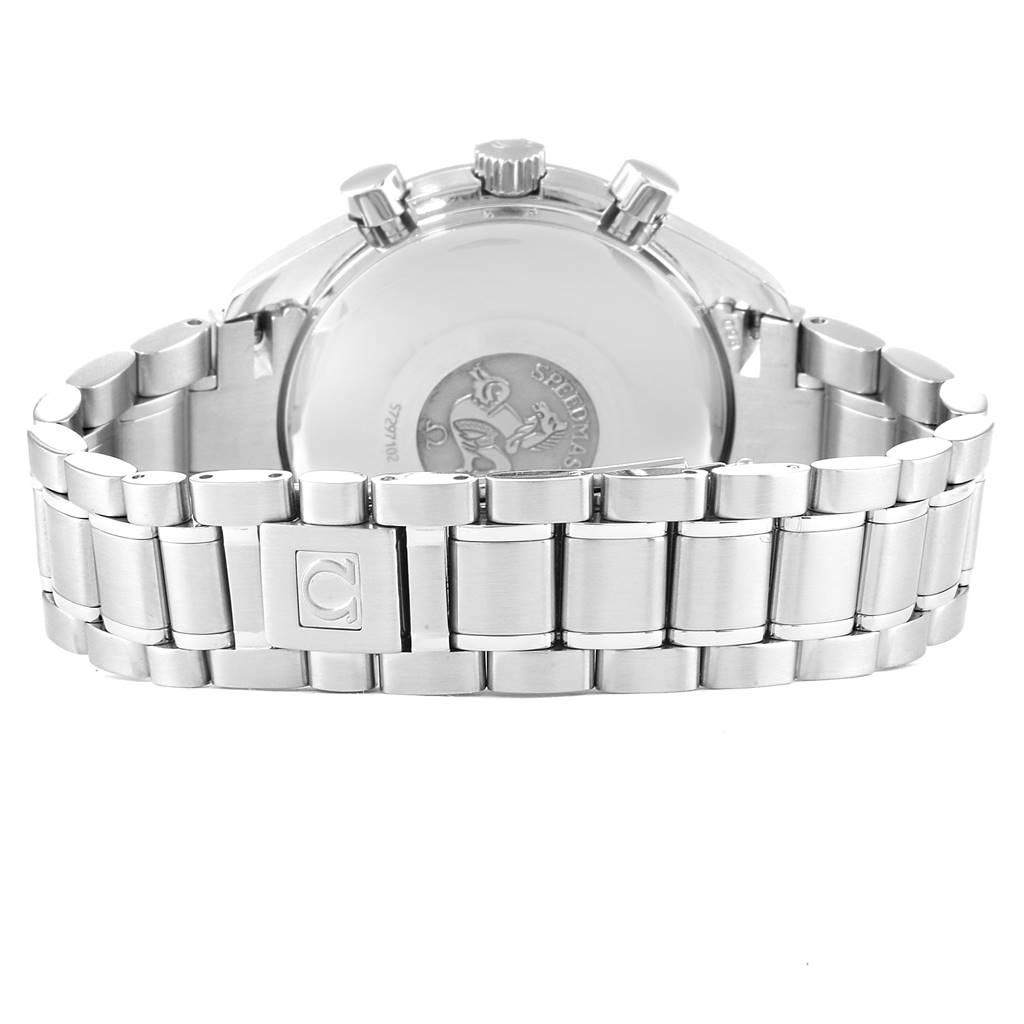 This image shows the back case and bracelet of an Omega Speedmaster 3513.60.00 Men's Stainless Steel Pink Dial 3513.60.00 Men's Stainless Steel Pink Dial watch.