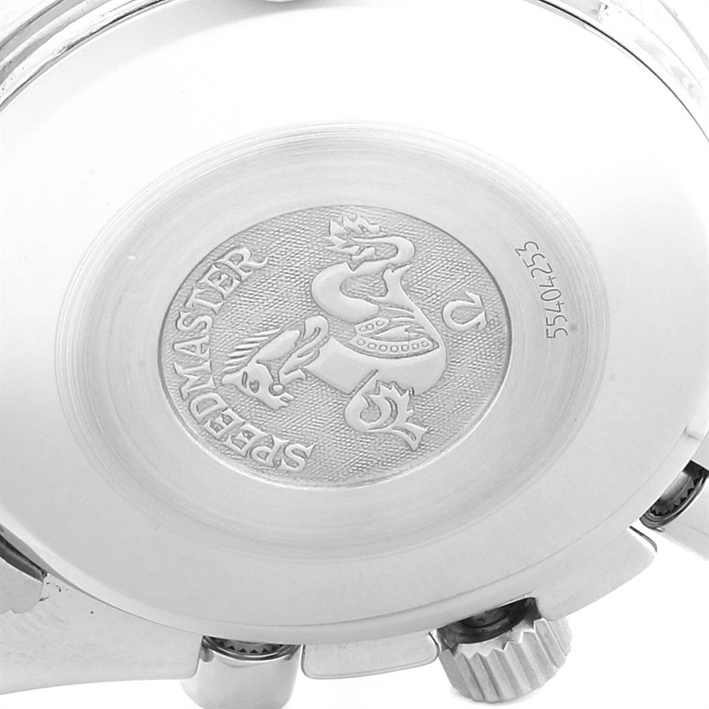 The image shows the engraved case back of an Omega Speedmaster 3513.53.00 Men
s Stainless Steel Black Dial 3513.53.00 Men
s Stainless Steel Black Dial watch viewed from a close-up angle.